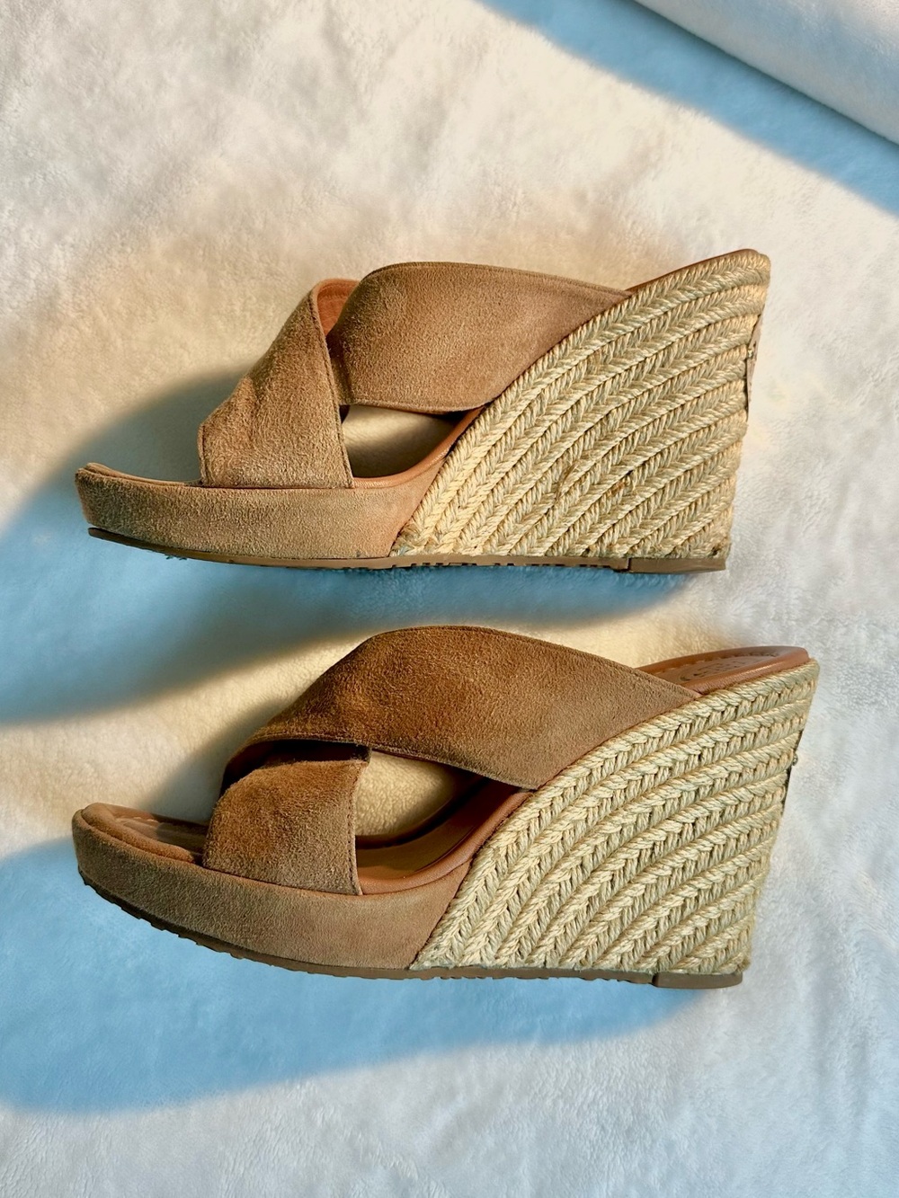 Tory Burch Tan Suede Espadrille Wedge Sandals